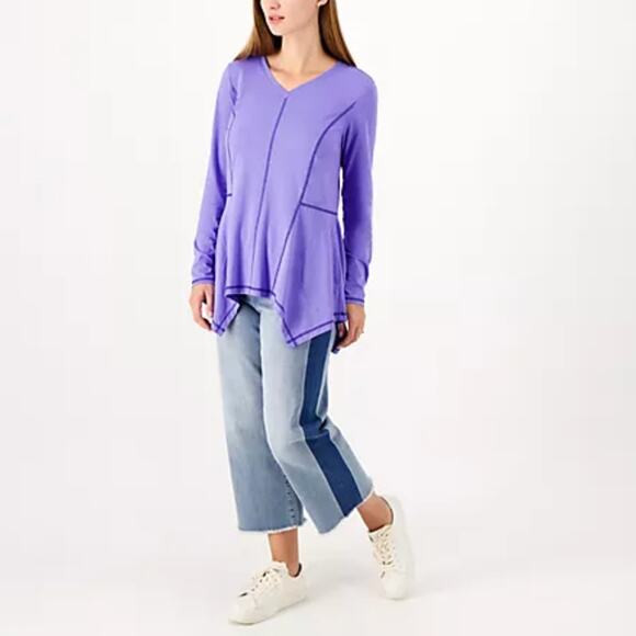 LOGO LORI GOLDSTEIN Top XL Sharkbite Hem V-Neck Long Sleeves Cotton Modal Blend - Picture 1 of 9